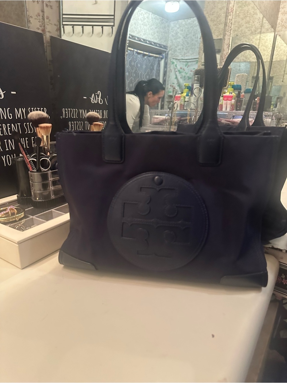Tory Burch dark navy embossed logo tote